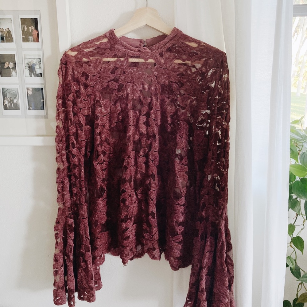 Anthropologie | Akemi + kin bell-sleeved lacework mauve high neck top